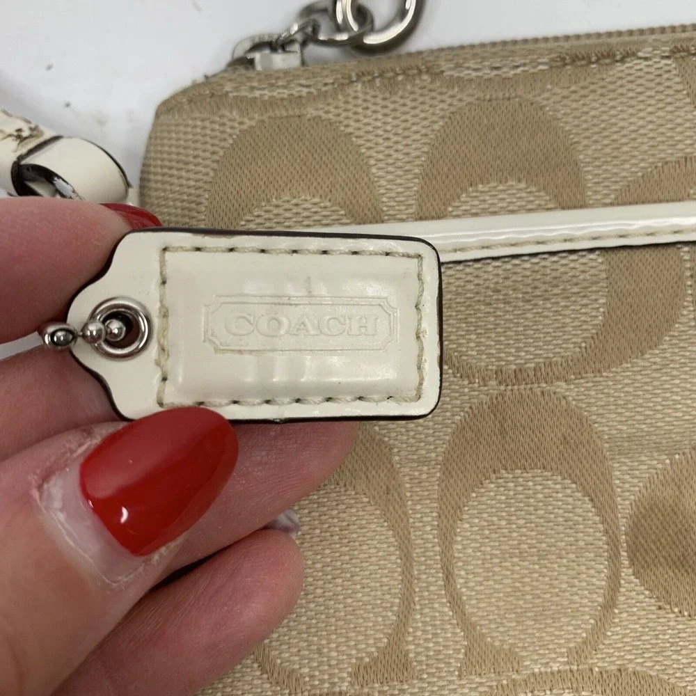 Coach Small Wristlet Signature Jacquard Monogram Khaki Tan White Patent Leather